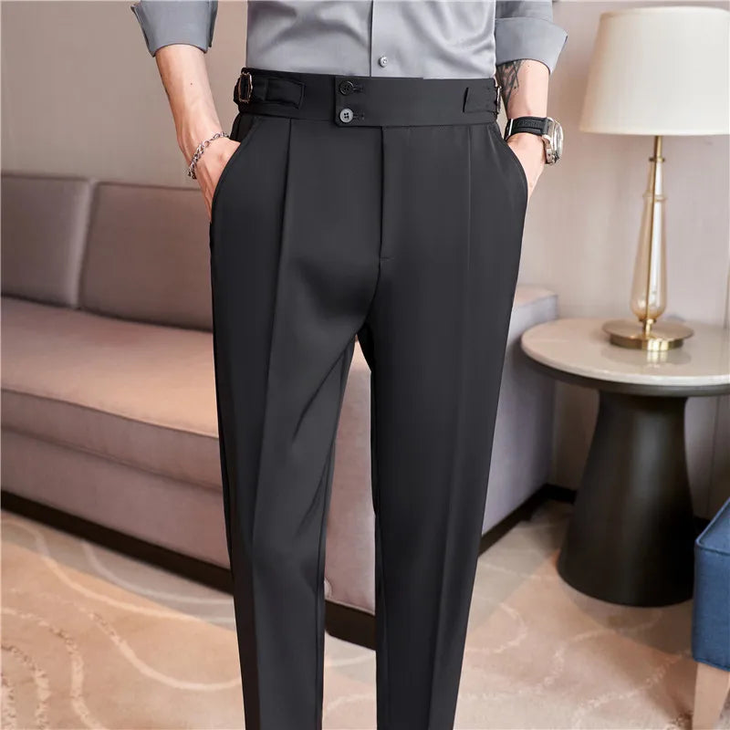 Men's High Waist Slim Belt Design Trousers