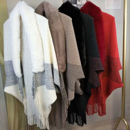 Châle tricoté d'hiver pour femmes avec ponchos à col en fausse fourrure