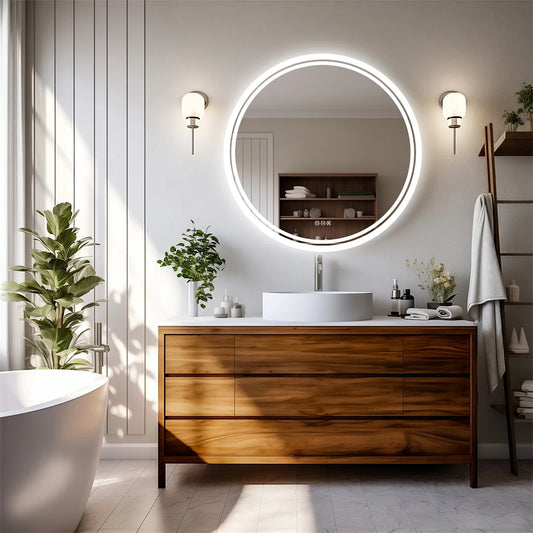 Miroir de salle de bain rond intelligent à LED LUVODI avec écran tactile et antibuée