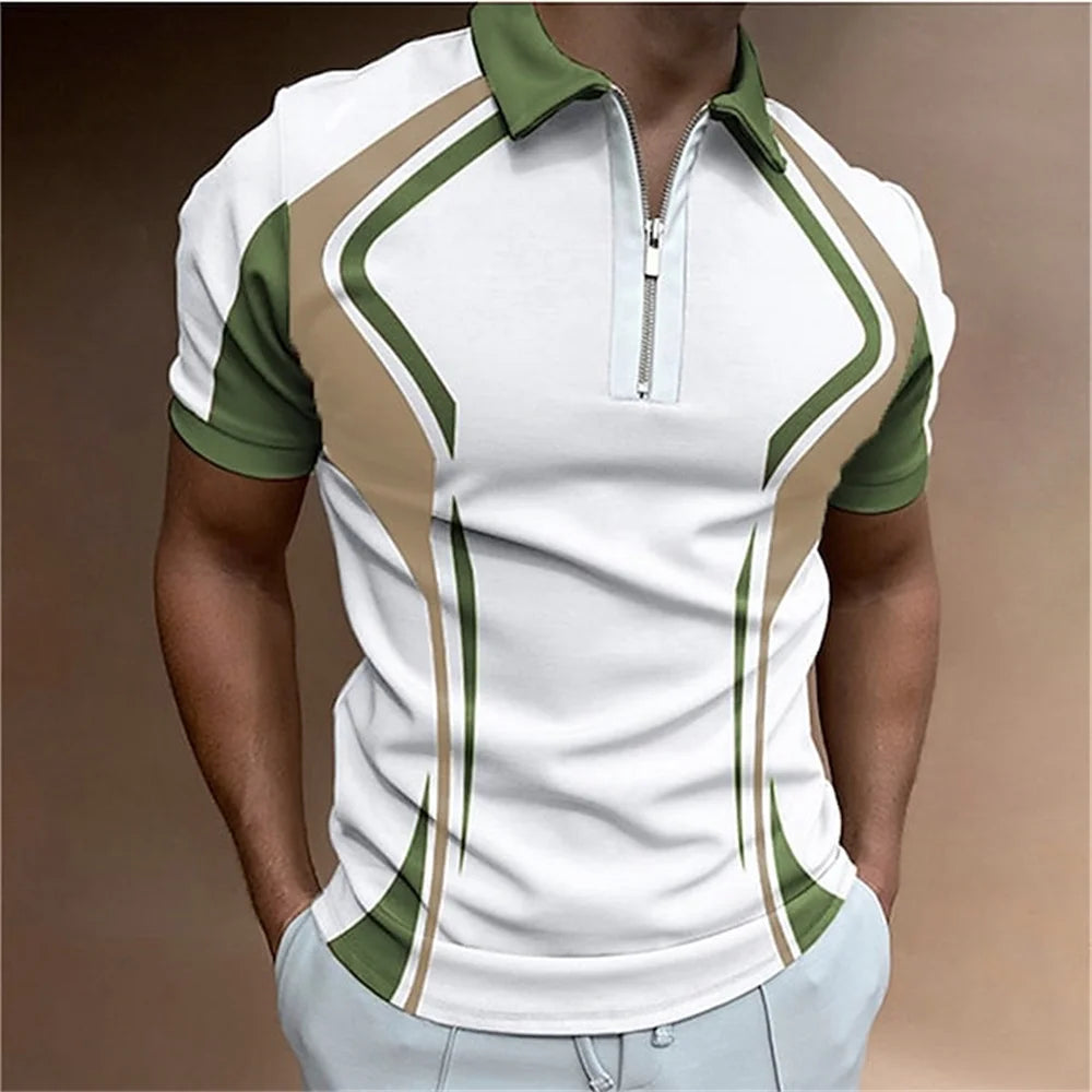 Men Zipper Striped Turn Down Collar Shirt