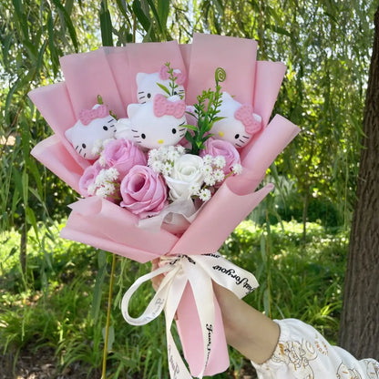 Kawaii Hello Kitty Cat Dolls with Flowers - Sanrio Bouquet Gift
