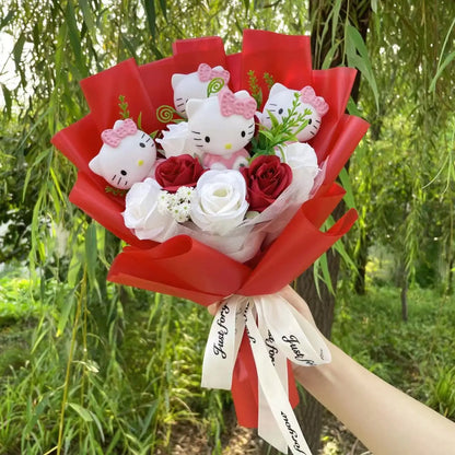 Kawaii Hello Kitty Cat Dolls with Flowers - Sanrio Bouquet Gift
