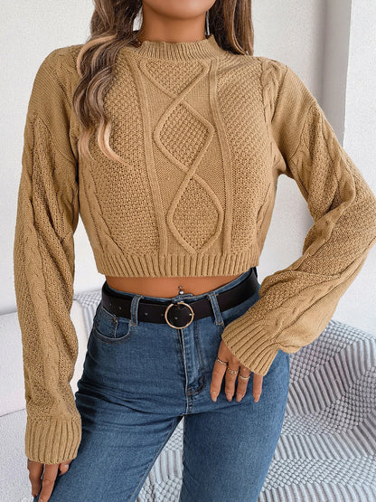 Lässiger, kurzer Strickpullover für Damen – Unifarbenes Langarm-Strickoberteil