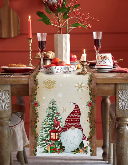 Chemin de table en lin avec motif gnome et cardinal de Noël