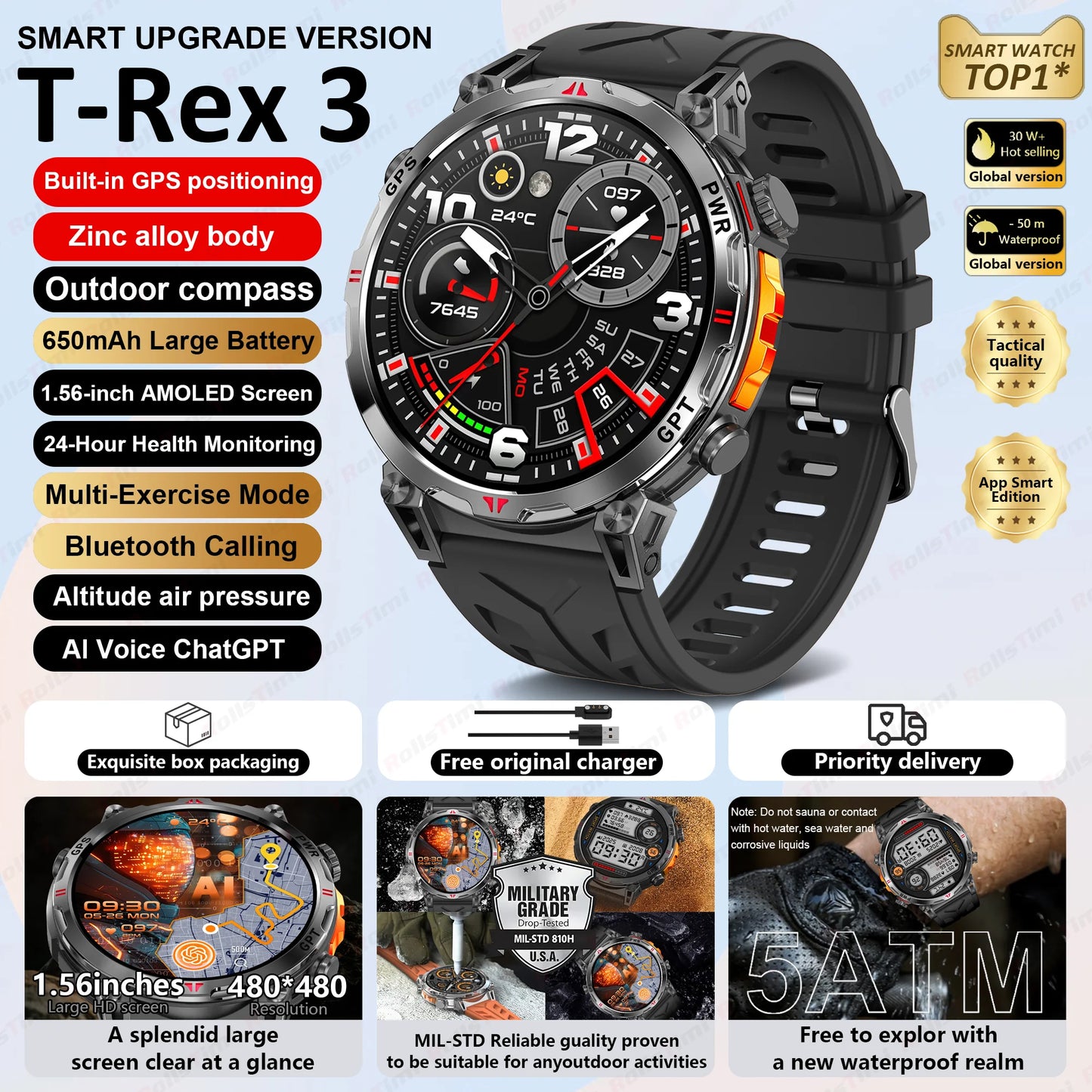 Unisex T-Rex3 GPS Sports Smartwatch – Fitness Tracker Heart Rate Monitor 3ATM Waterproof Smart Watch