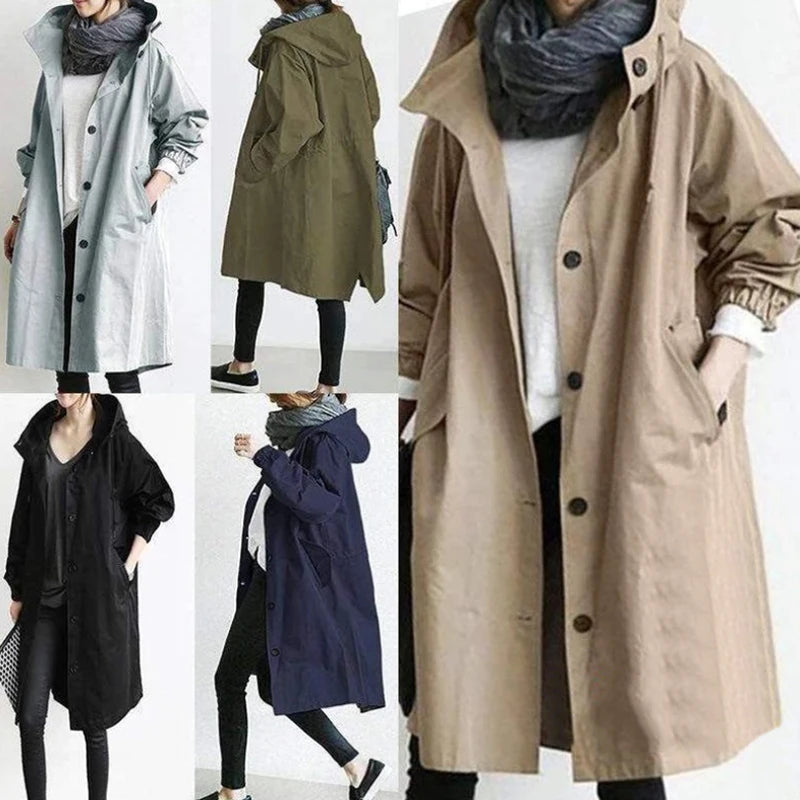 Women's Long Trench Windbreaker Loose Hooded Temperament Raincoat