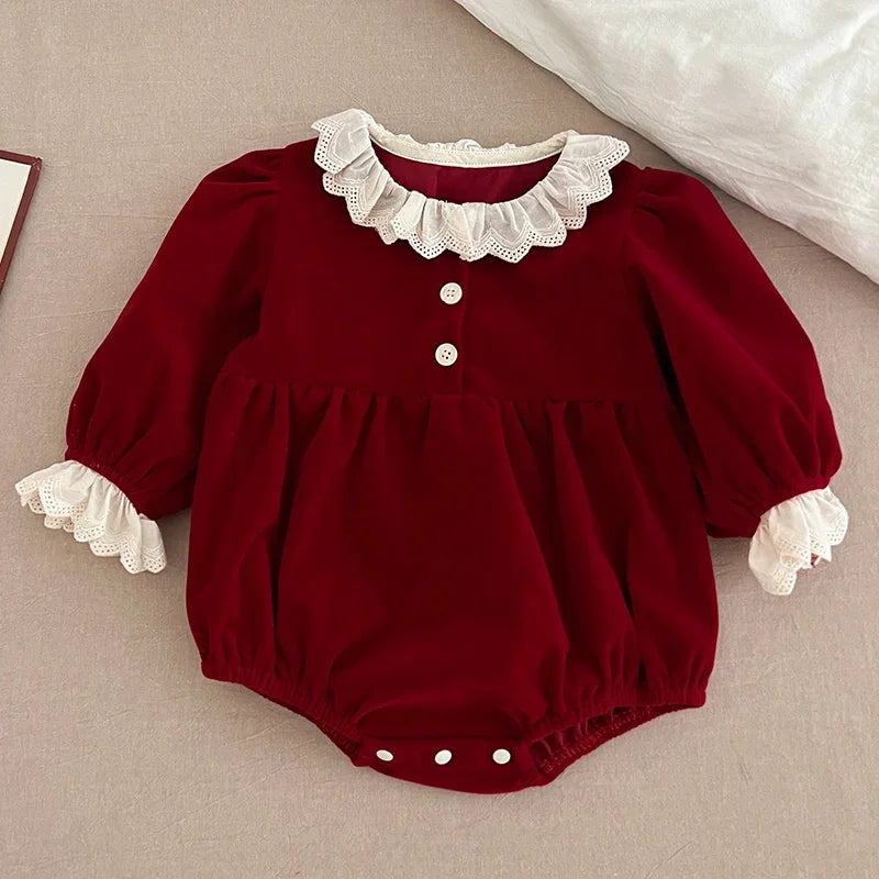 Christmas Baby Girls Lace Collar Romper