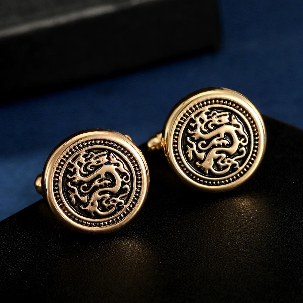 Dragon Totem Round Cufflinks for Men – Vintage Engraved Shirt Sleeve Buttons
