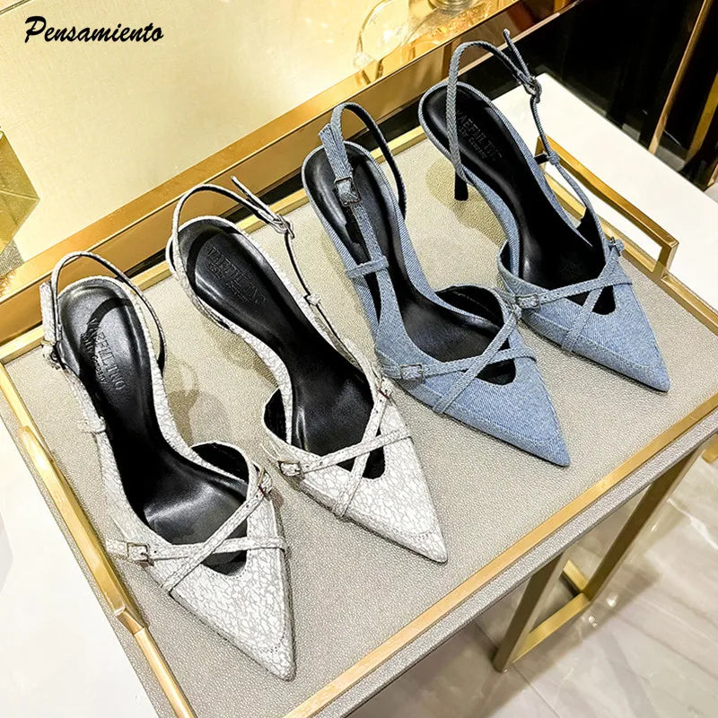 Women's Denim Strap Buckle Pointed Toe Pumps