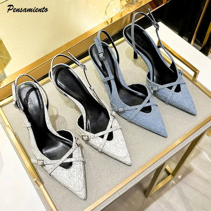 Women's Denim Strap Buckle Pointed Toe Pumps