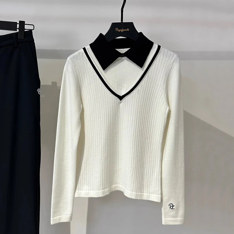 Schlankes Langarm-Golfshirt im koreanischen Stil für Damen