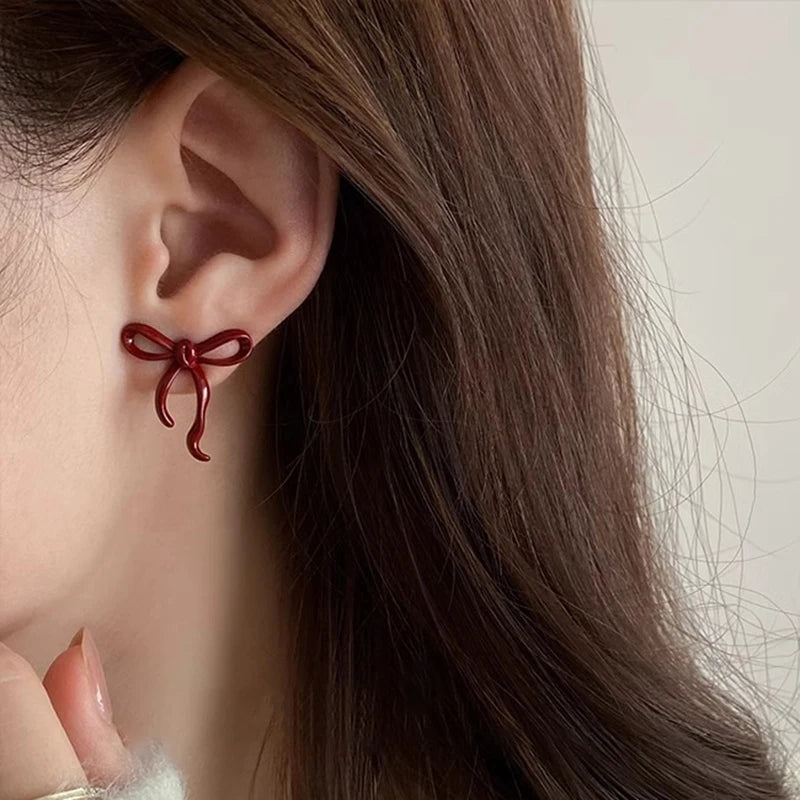 Boucles d'oreilles à tige rétro en forme de nœud rouge pour femme