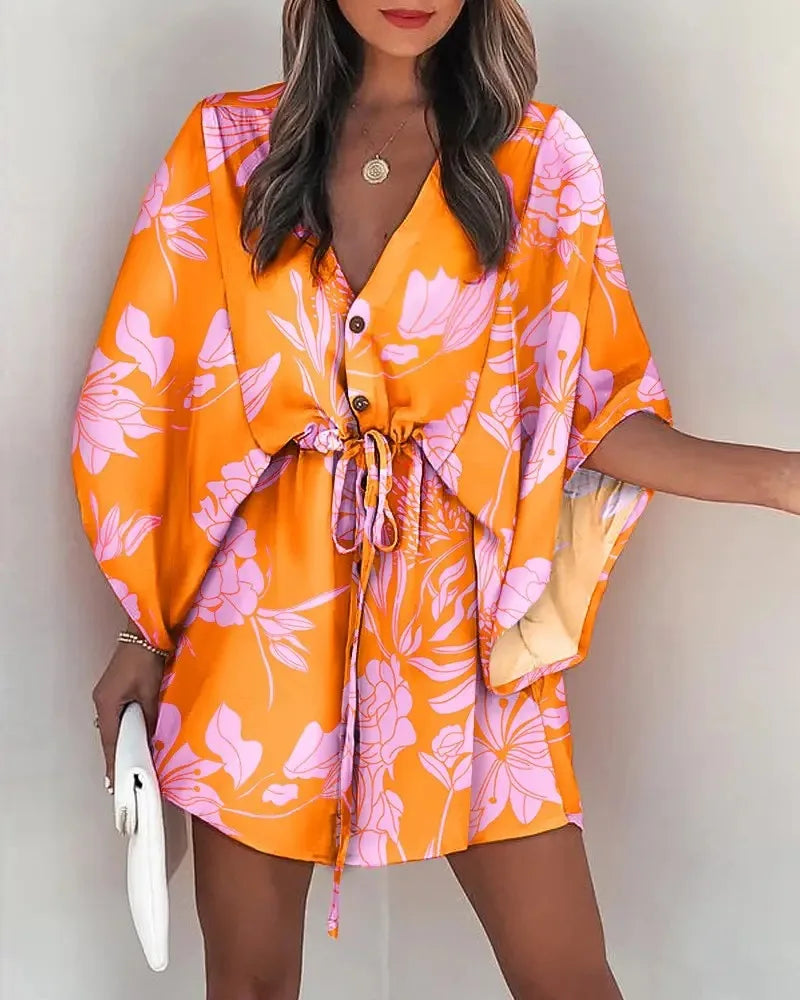 Minikleid im Boho-Stil mit Print und V-Ausschnitt