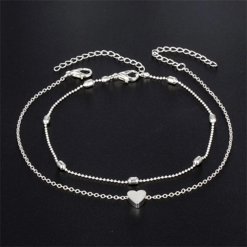 Summer Round Bead Chain Heart Anklet For Women