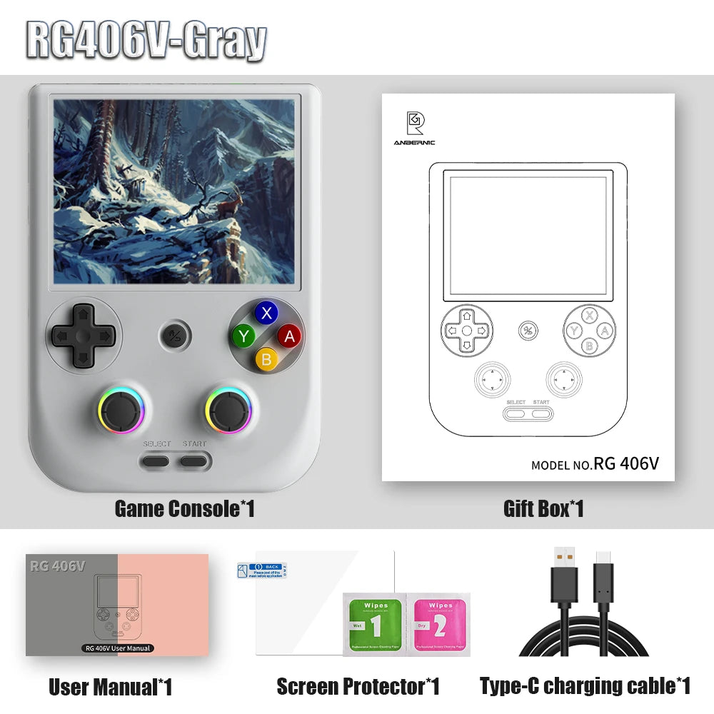 RG406V Handheld Game Console 4’’ IPS Touch Screen Android 13 Unisoc T820 64-bit Game Player 5500mAh RGB lighting