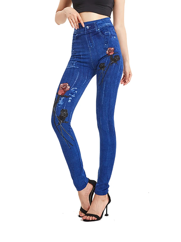 Red Rose Print Blue False Long Pants for Women