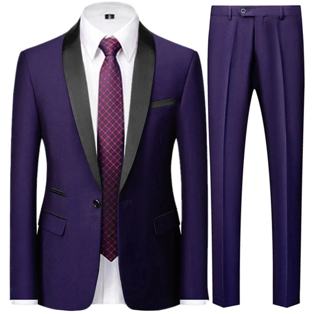 3 Pieces Set Men's Business Blazers Coat - Slim Fit Color Matching Collar Suit Jacket Pants Vest