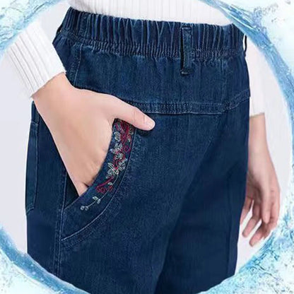 High Waist Blue Straight Embroidery Pocket  Women Pants