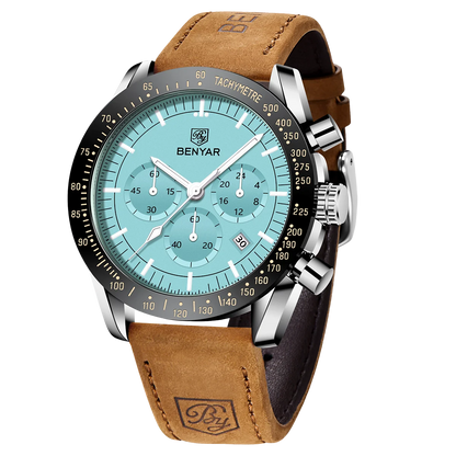 Montre chronographe à quartz pour homme – Montre-bracelet analogique étanche avec bracelet en cuir