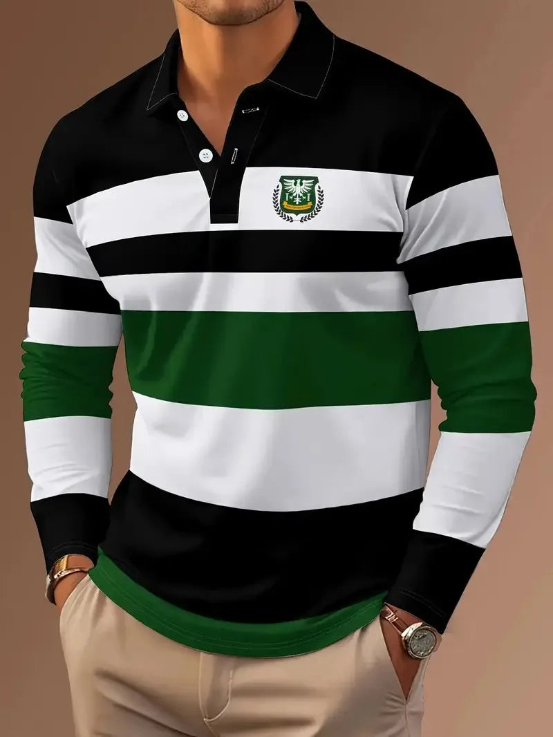 Men's Long Sleeve 3D Striped Polo Shirt