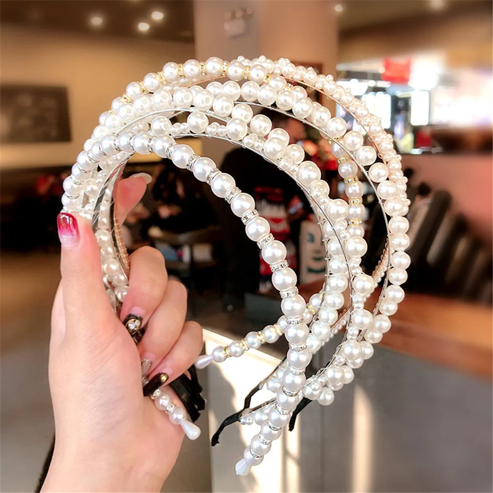 White Faux Pearl Hair Hoop Headbands For Girls