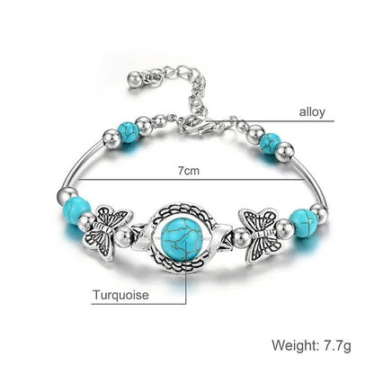 Butterfly Carved Beaded Turquoise Hand Chain Bracelet for Women