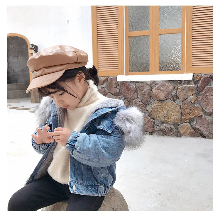 1-6 Years Baby Girl Winter Hooded Denim Jacket with Faux Fur Lining