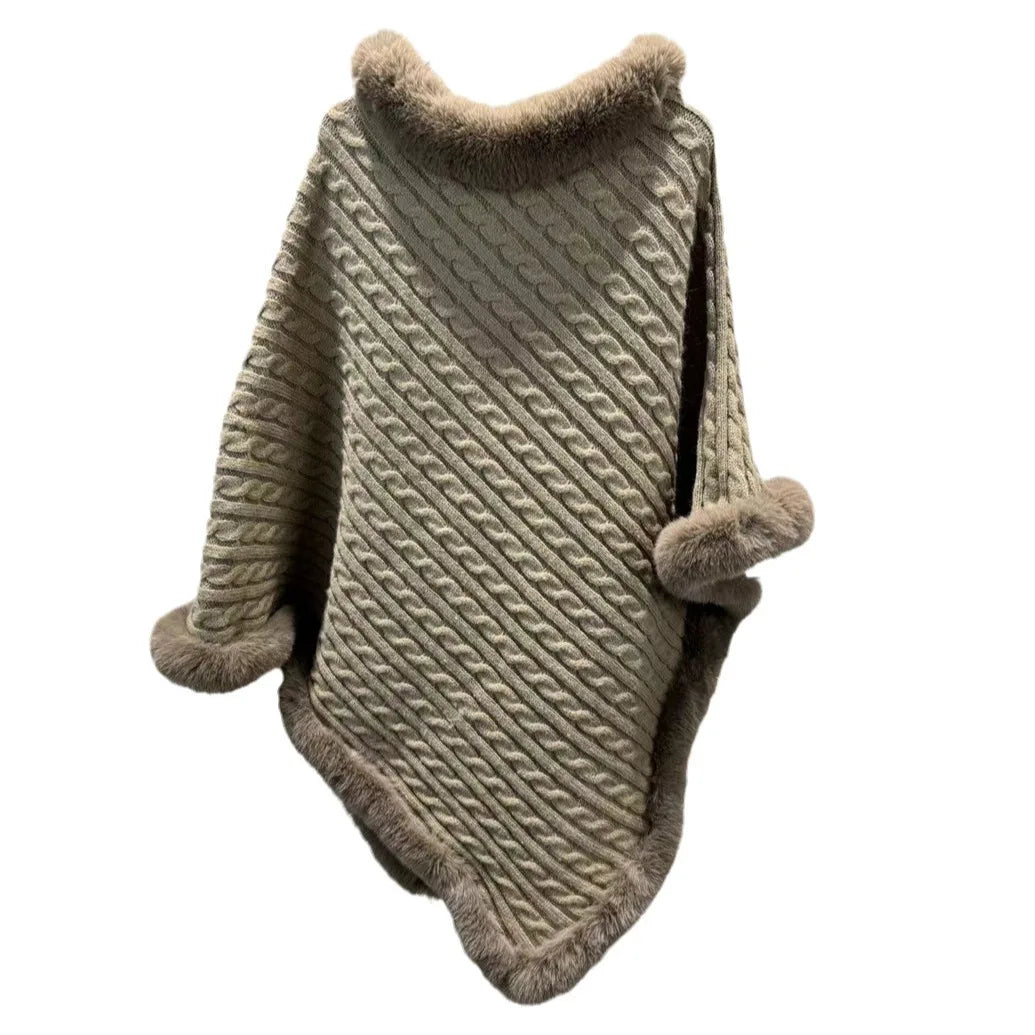 Women's Winter Plaid Hooded Fur Collar Shawl