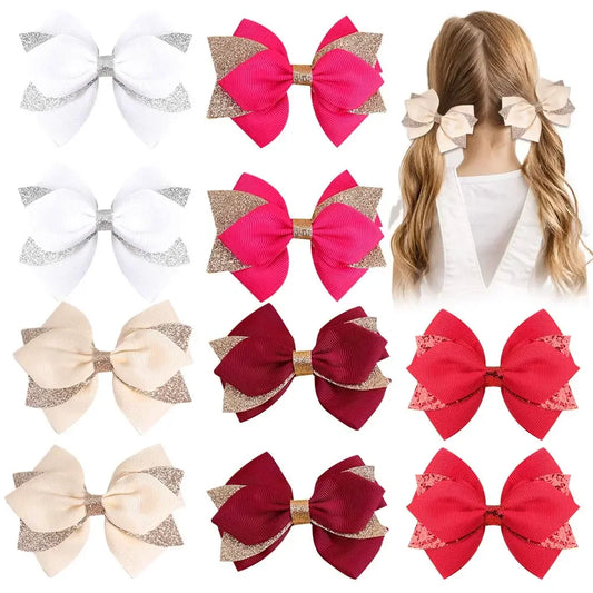 2pcs/set Glitter Bow Hair Clip For Girls Multi-layer Solid Satin Hair Pins