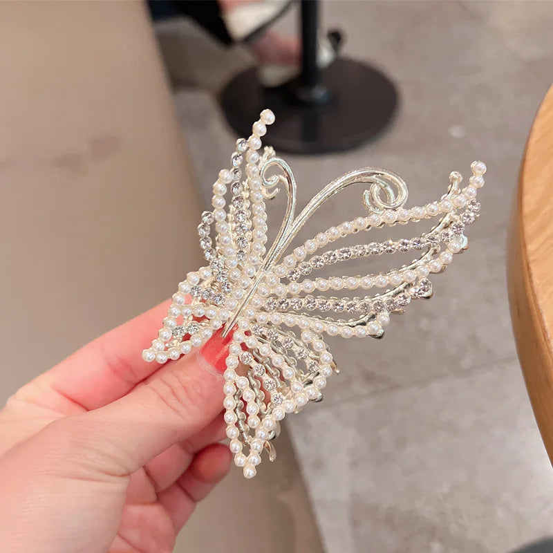 Rhinestone Butterfly Hair Claw Clips for Women – Pearl & Crystal Bling Hair Accessories