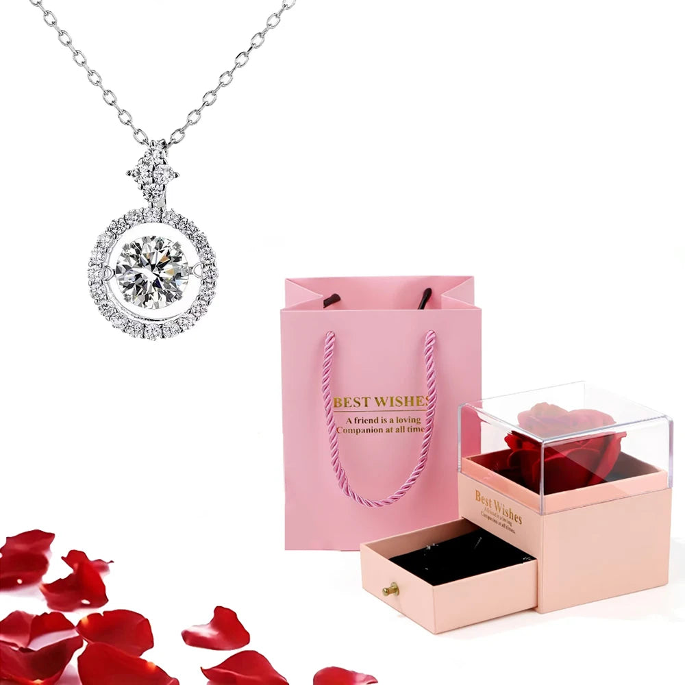 Valentinstag Geschenk Luxus rote Herz Halskette mit Rose Geschenkbox