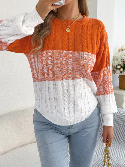 Damen-Pullover mit Farbblockstreifen – Rundhalsausschnitt, Laternenärmel, Strickoberteil