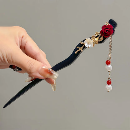 Haarspange mit Rosen und Schmetterlingen, goldfarbene Quaste