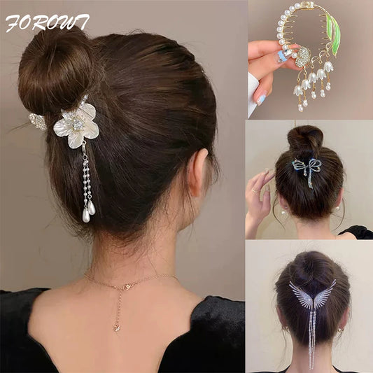 Pearl Rhinestone Hair Claw Clip for Women – Tassel Bow Flower Ponytail Holder