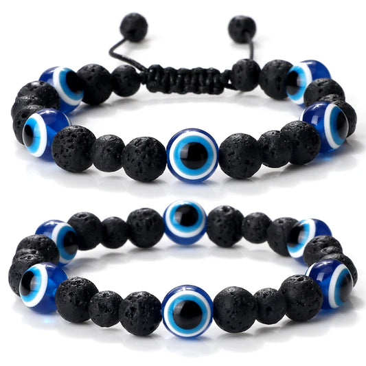 Unisex Black Matte Lava Bead Bracelet Blue Evil Eye Charm – Lucky Protection Bangle