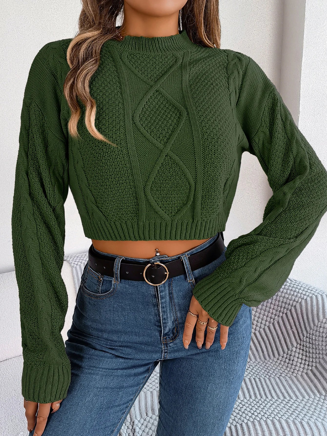 Lässiger, kurzer Strickpullover für Damen – Unifarbenes Langarm-Strickoberteil