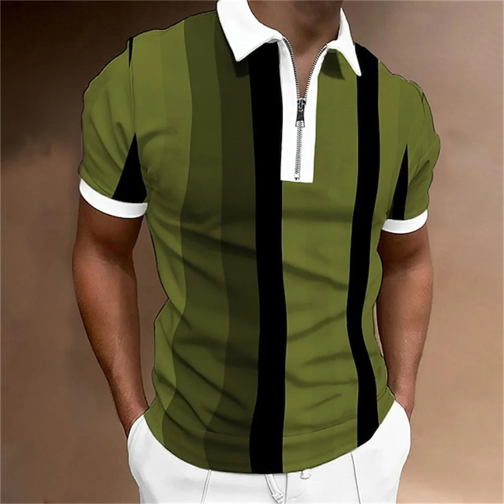 Men Zipper Striped Turn Down Collar Shirt