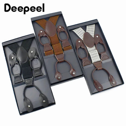 Men's Genuine Leather 6 Clips Suspenders
