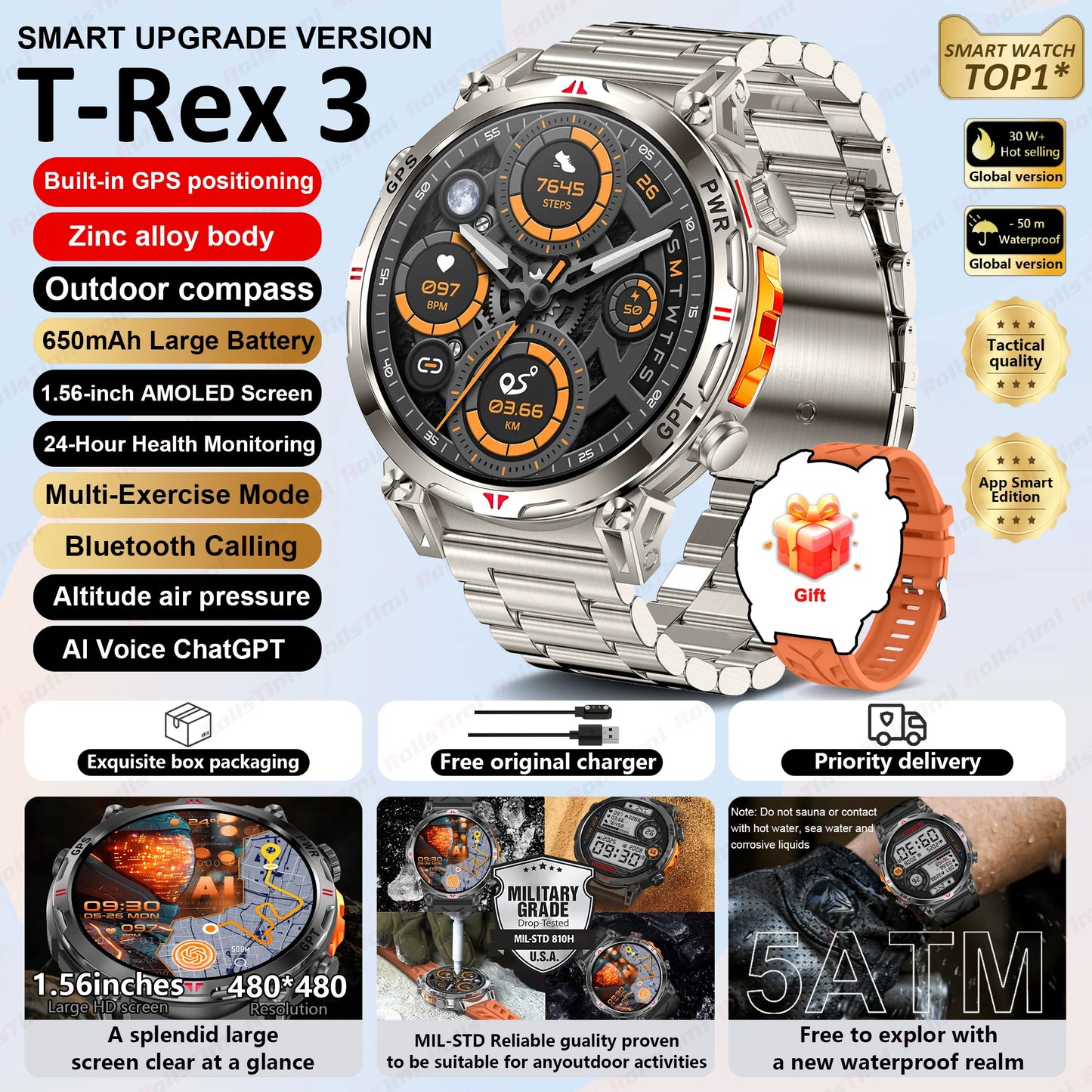 Unisex T-Rex3 GPS Sports Smartwatch – Fitness Tracker Heart Rate Monitor 3ATM Waterproof Smart Watch
