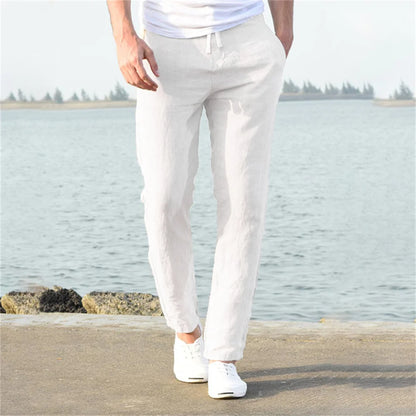 Pantalon streetwear respirant en coton et lin de couleur unie pour hommes