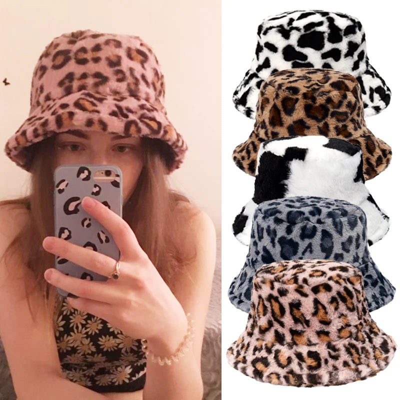 Wintermütze mit Kuh-Leopard-Kunstfell, flauschig, für Damen