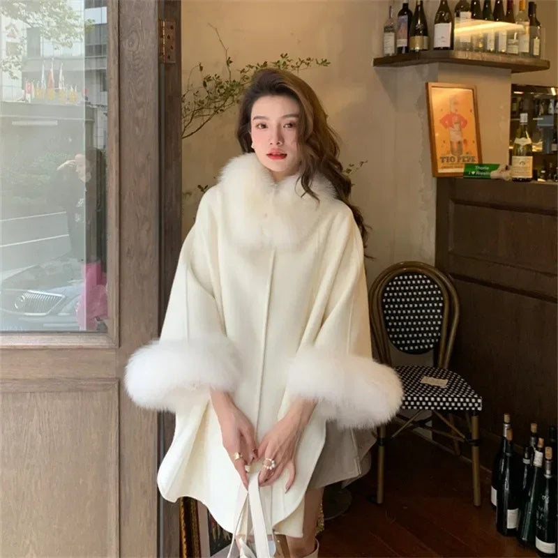 Women's Warm Fur Neck Belted Cape Coat