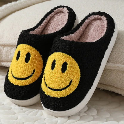 Pantoufles d'hiver en fourrure à motif Smiley pour femmes, pantoufles moelleuses