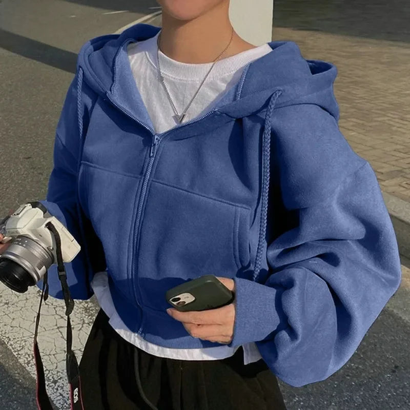 Neues, vielseitiges, modisches, kurzes Slims-Sweatshirt mit Reißverschluss und warmer, einfarbiger Kapuze für Damen