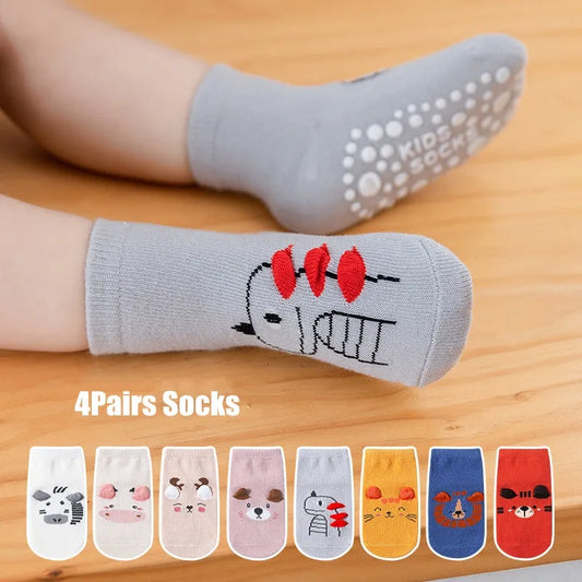 Chaussettes antidérapantes pour bébé, 4 paires/lot, chaussettes mignonnes de dessin animé d'animaux pour bébés garçons et filles