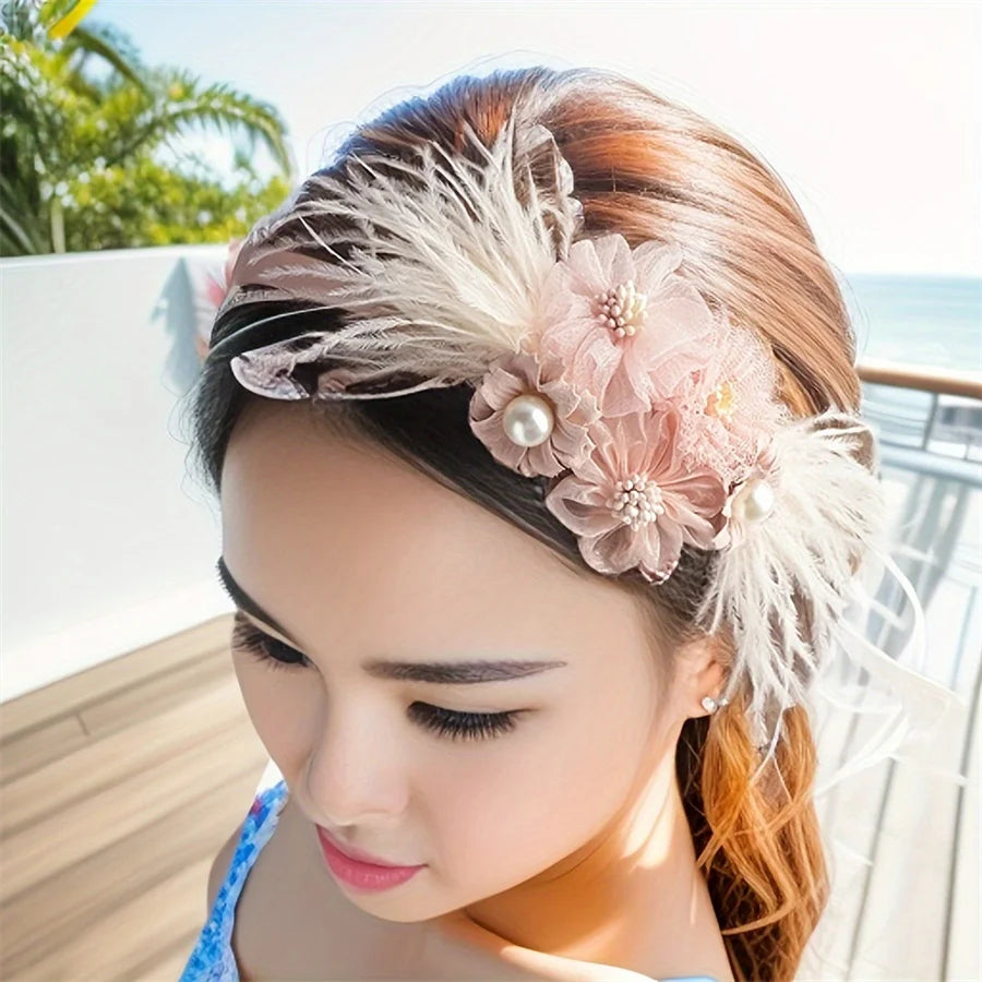 Serre-têtes faits main pour fille, avec perles, plumes, papillons et fleurs