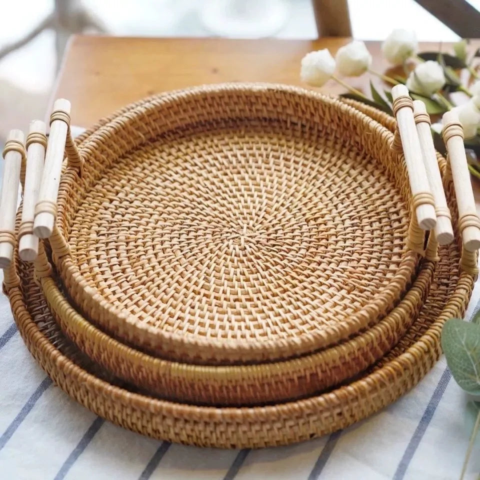 Handwoven Rattan Wicker Basket Tray – Eco-Friendly Food Serving & Storage Basket with Handles