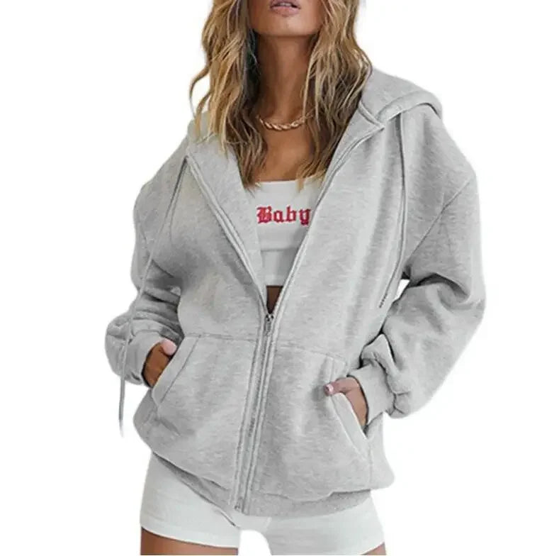 Sweat à capuche en polaire d'automne de couleur unie avec poches et fermeture éclair