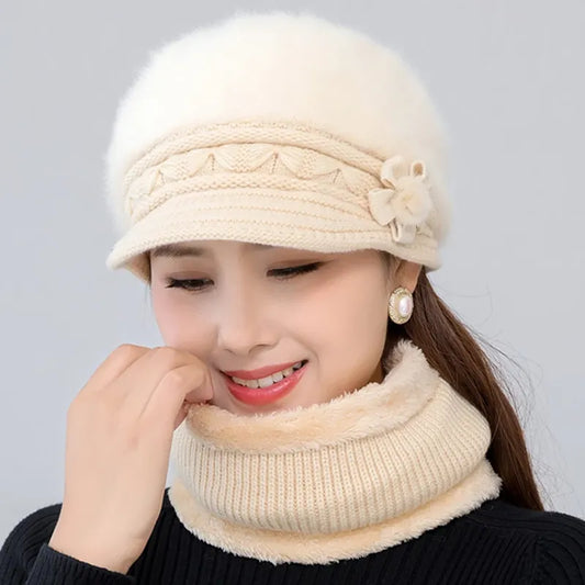 Pelzgefüttertes Damen-Mütze- und Schal-Set, warm