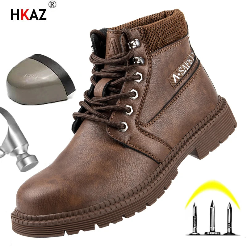 Chaussures imperméables pour hommes, bottes en cuir à tête en acier, chaussures de construction indestructibles marron